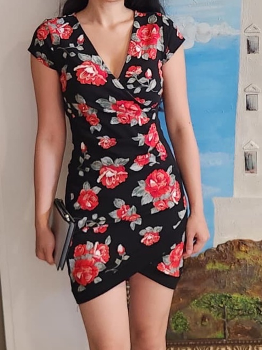 Almost Famous Black Mini Dress with Red Floral Print